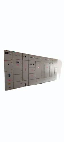 Row of grey electrical distribution panel boxes